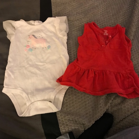 Carter's Other - Carters girls 18M unicorn onesie and red shirt